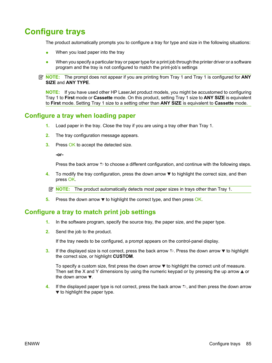 Configure trays, Configure a tray when loading paper, Configure a tray to match print job settings | HP LaserJet P4015 Printer series User Manual | Page 97 / 246