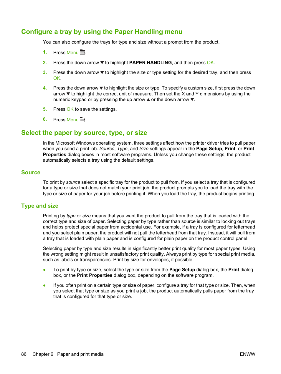 Configure a tray by using the paper handling menu, Select the paper by source, type, or size, Source | Type and size, Source type and size | HP LaserJet P4015 Printer series User Manual | Page 98 / 246