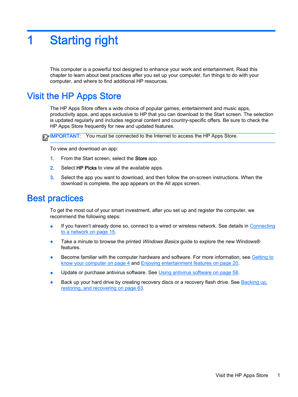 Starting right, Visit the hp apps store, Best practices | 1 starting right, Visit the hp apps store best practices, 1starting right | HP Pavilion 17-e129nr TouchSmart Notebook PC User Manual | Page 11 / 81