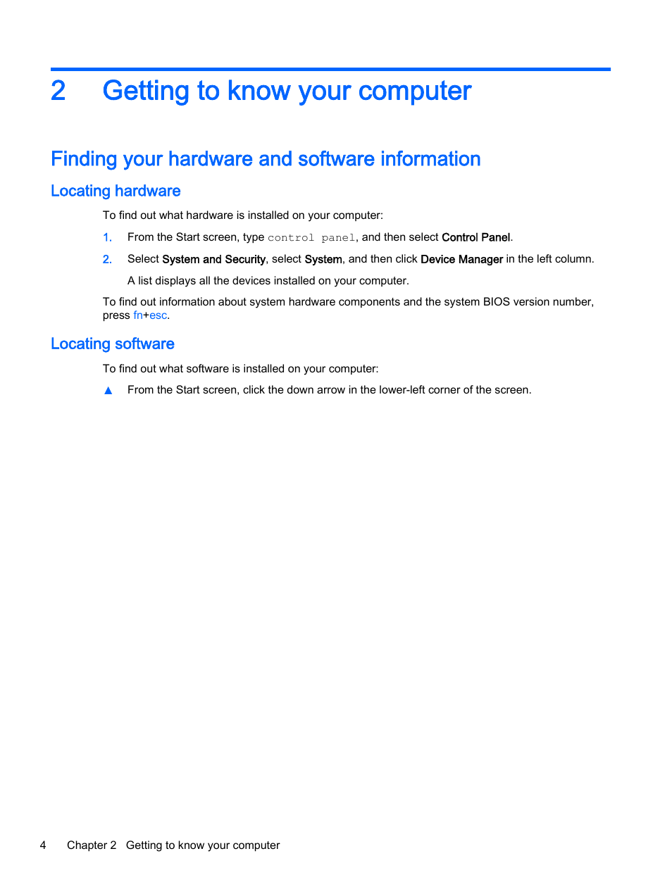Getting to know your computer, Finding your hardware and software information, Locating hardware | Locating software, 2 getting to know your computer, Locating hardware locating software, Getting to, 2getting to know your computer | HP Pavilion 17-e129nr TouchSmart Notebook PC User Manual | Page 14 / 81