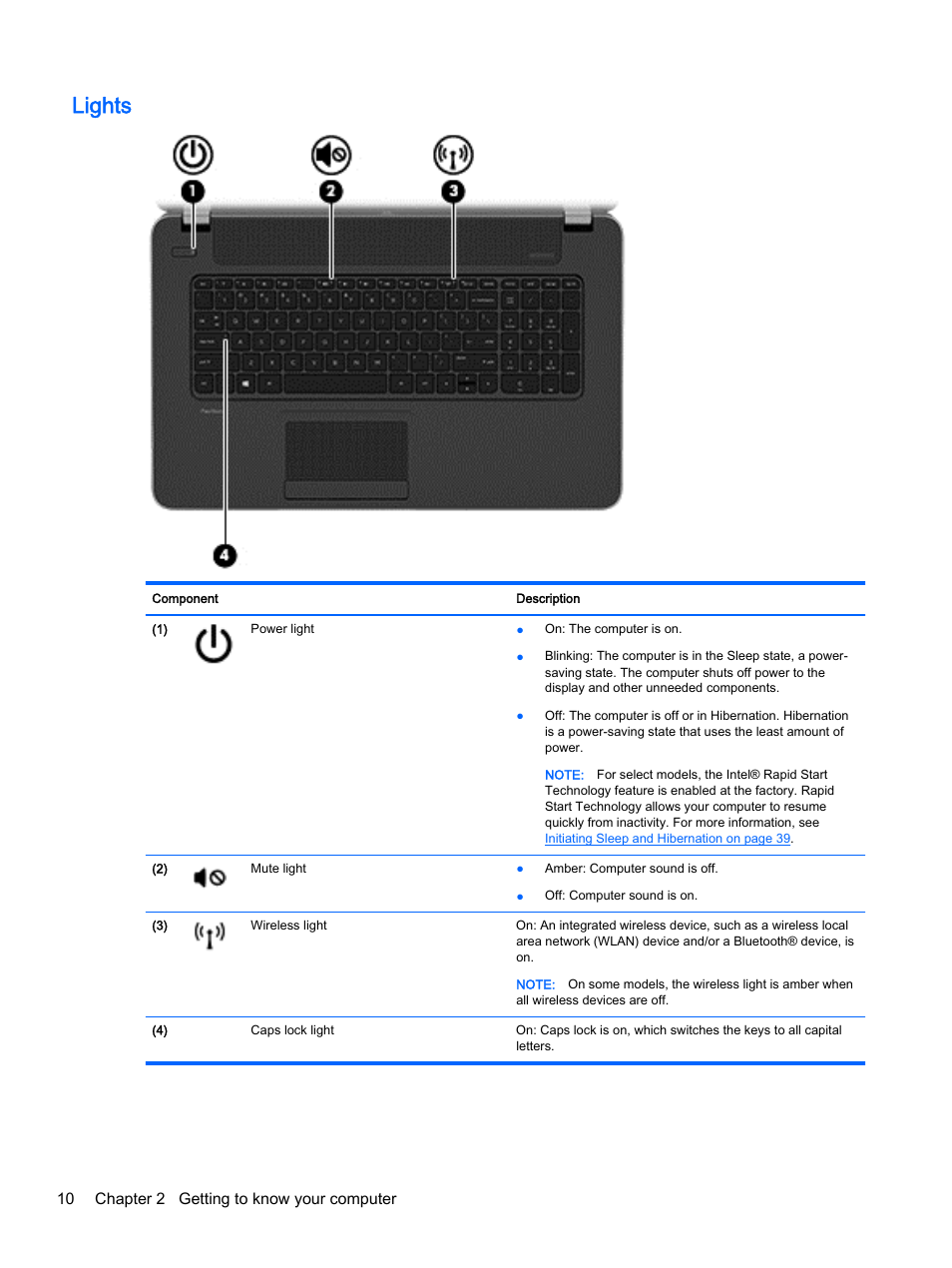 Lights, 10 chapter 2 getting to know your computer | HP Pavilion 17-e129nr TouchSmart Notebook PC User Manual | Page 20 / 81