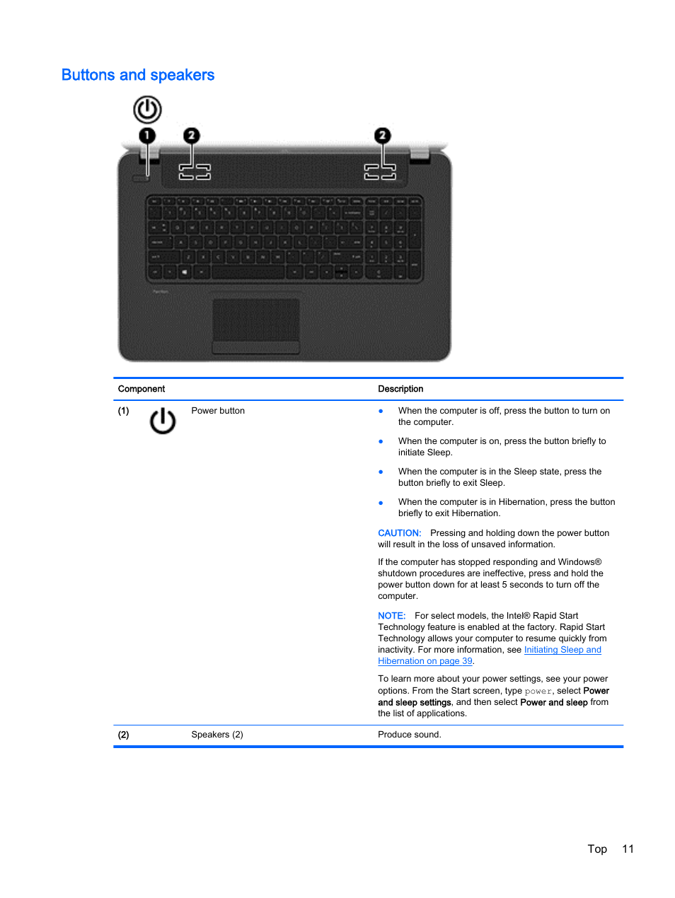 Buttons and speakers, Top 11 | HP Pavilion 17-e129nr TouchSmart Notebook PC User Manual | Page 21 / 81