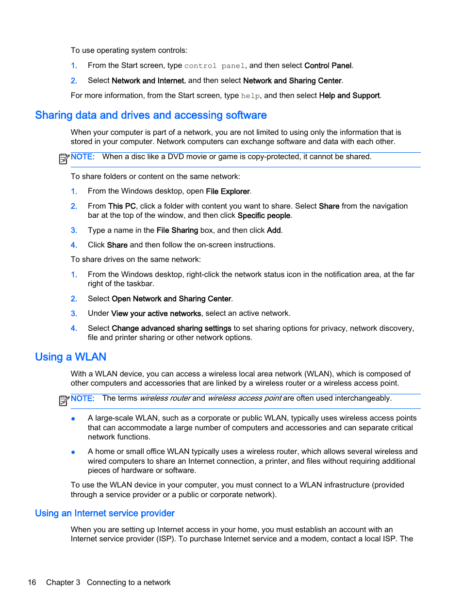 Sharing data and drives and accessing software, Using a wlan, Using an internet service provider | HP Pavilion 17-e129nr TouchSmart Notebook PC User Manual | Page 26 / 81