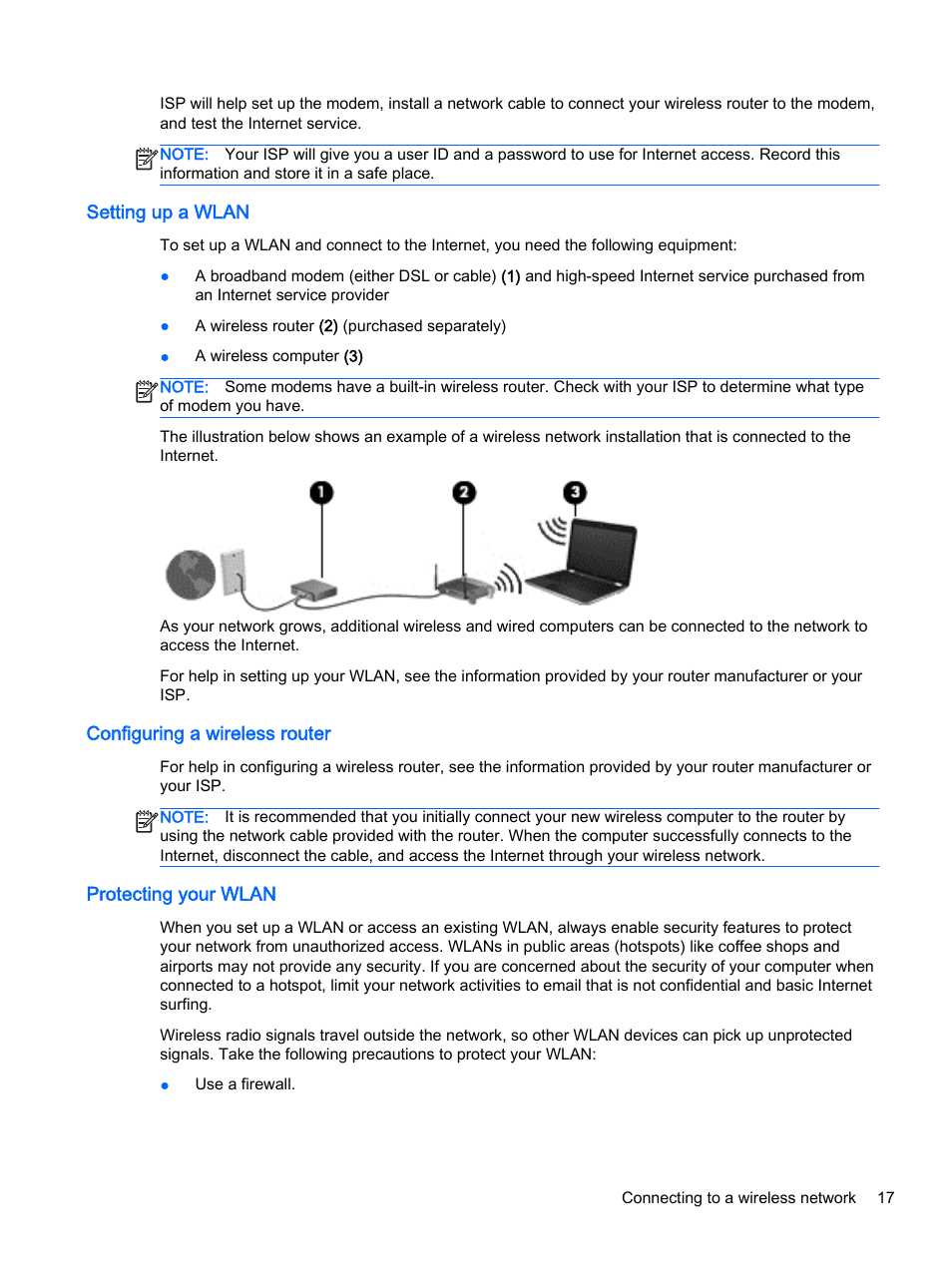 Setting up a wlan, Configuring a wireless router, Protecting your wlan | HP Pavilion 17-e129nr TouchSmart Notebook PC User Manual | Page 27 / 81