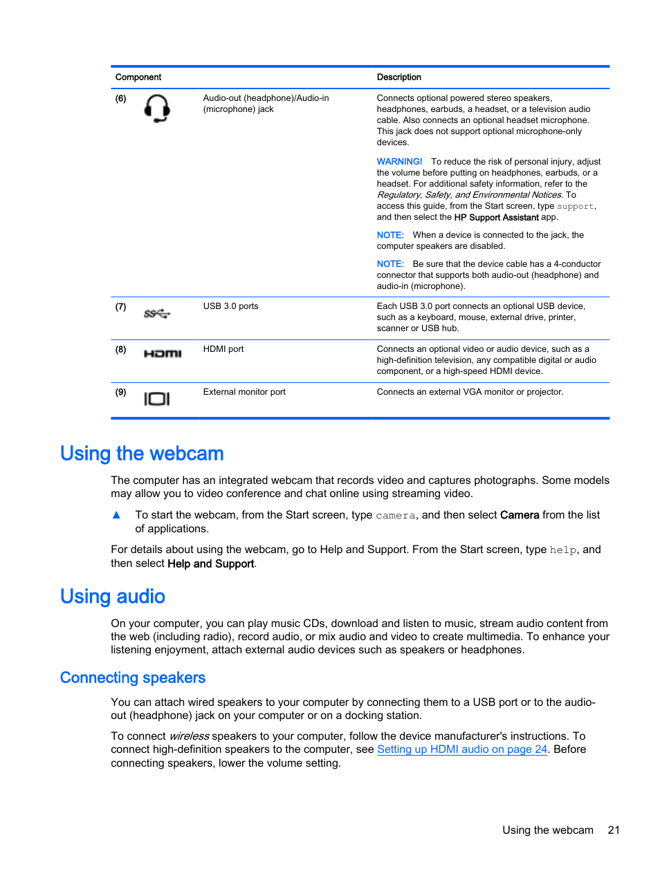 Using the webcam, Using audio, Connecting speakers | Using the webcam using audio | HP Pavilion 17-e129nr TouchSmart Notebook PC User Manual | Page 31 / 81