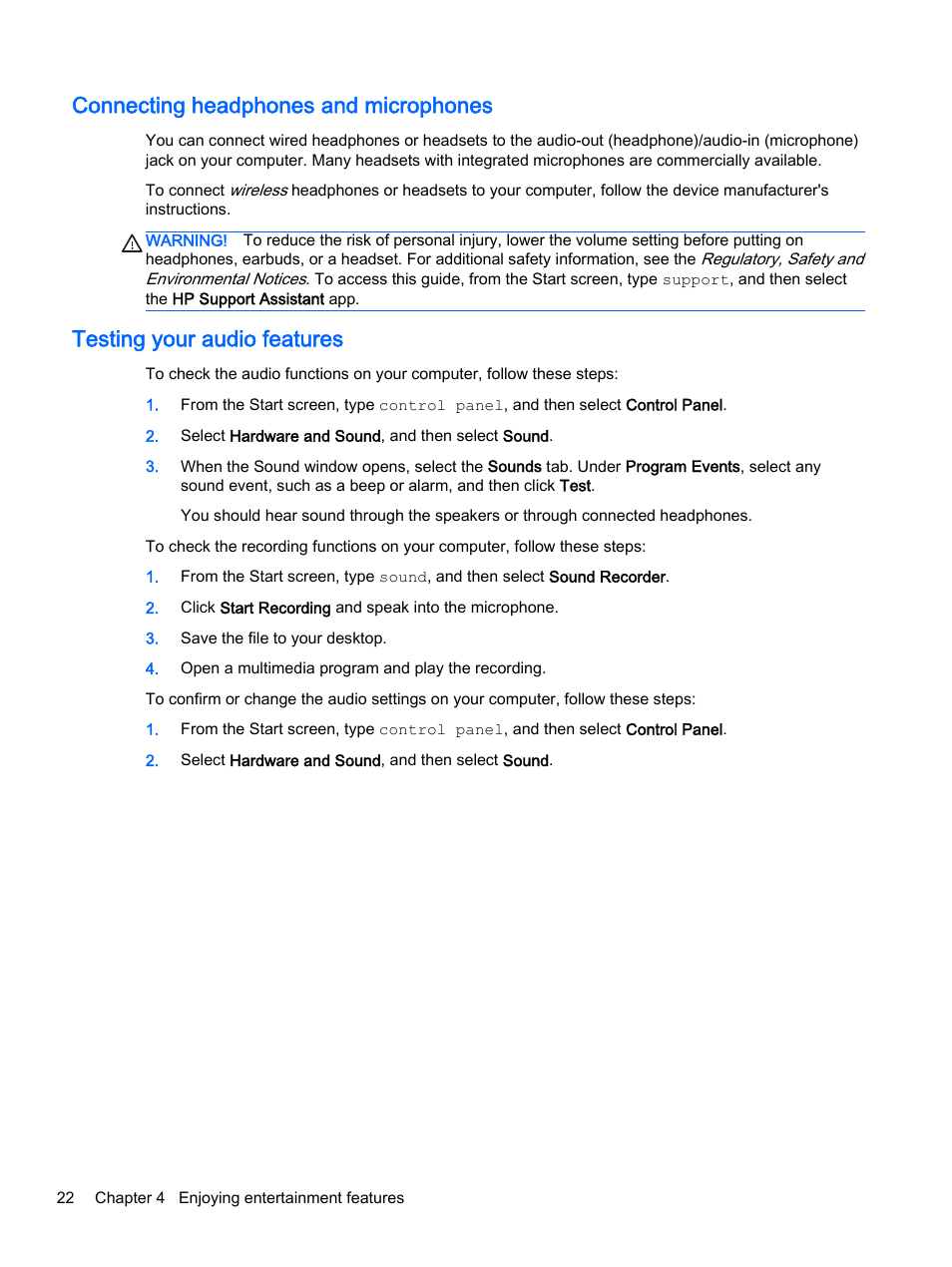 Connecting headphones and microphones, Testing your audio features | HP Pavilion 17-e129nr TouchSmart Notebook PC User Manual | Page 32 / 81
