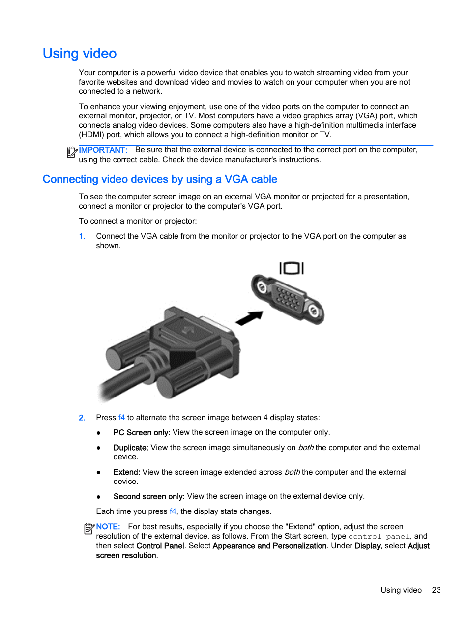 Using video, Connecting video devices by using a vga cable, Connecting | HP Pavilion 17-e129nr TouchSmart Notebook PC User Manual | Page 33 / 81