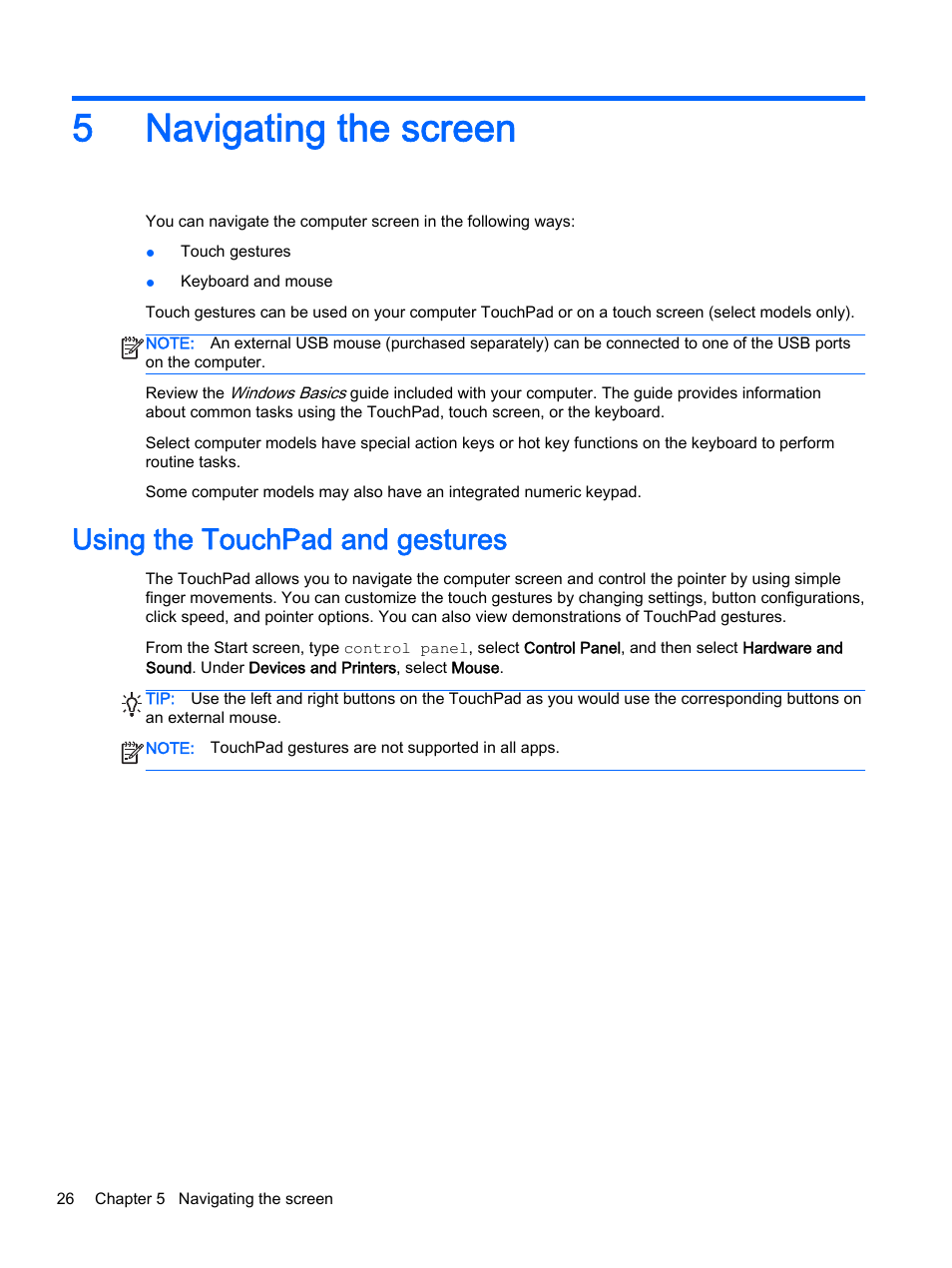 Navigating the screen, Using the touchpad and gestures, 5 navigating the screen | Es of text. see, 5navigating the screen | HP Pavilion 17-e129nr TouchSmart Notebook PC User Manual | Page 36 / 81