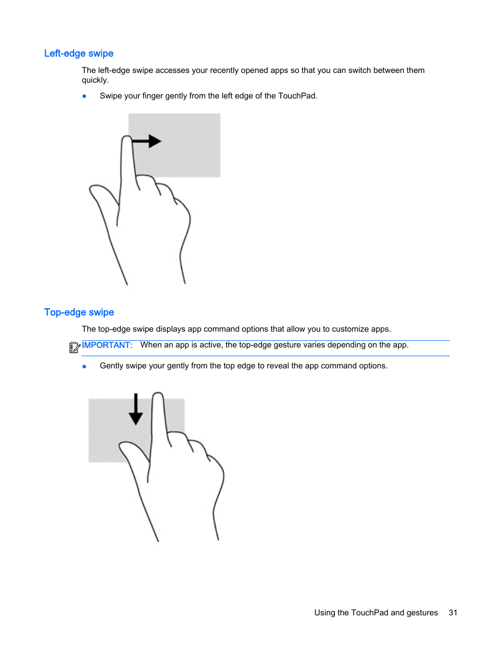 Left-edge swipe, Top-edge swipe, Left-edge swipe top-edge swipe | HP Pavilion 17-e129nr TouchSmart Notebook PC User Manual | Page 41 / 81