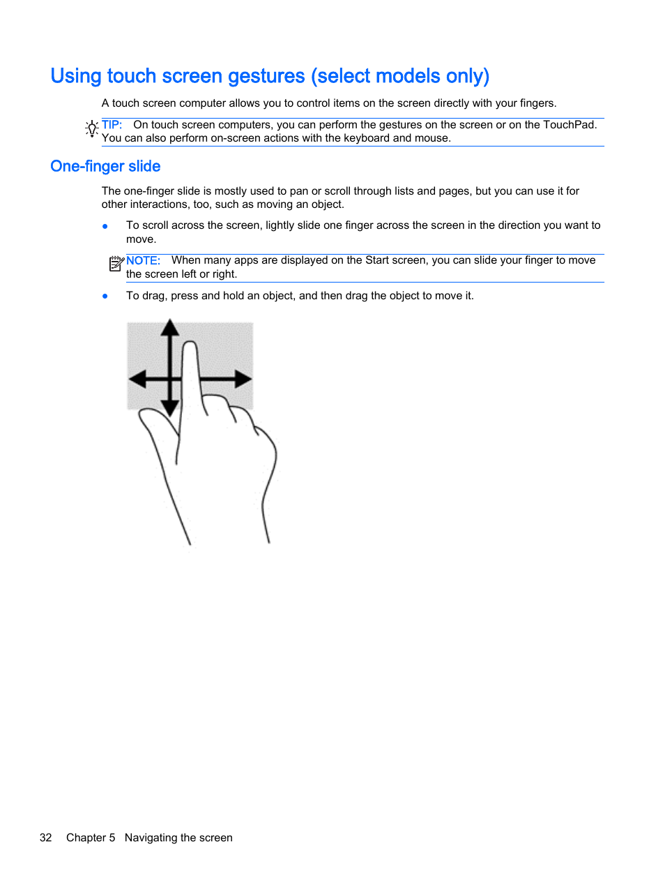 Using touch screen gestures (select models only), One-finger slide | HP Pavilion 17-e129nr TouchSmart Notebook PC User Manual | Page 42 / 81