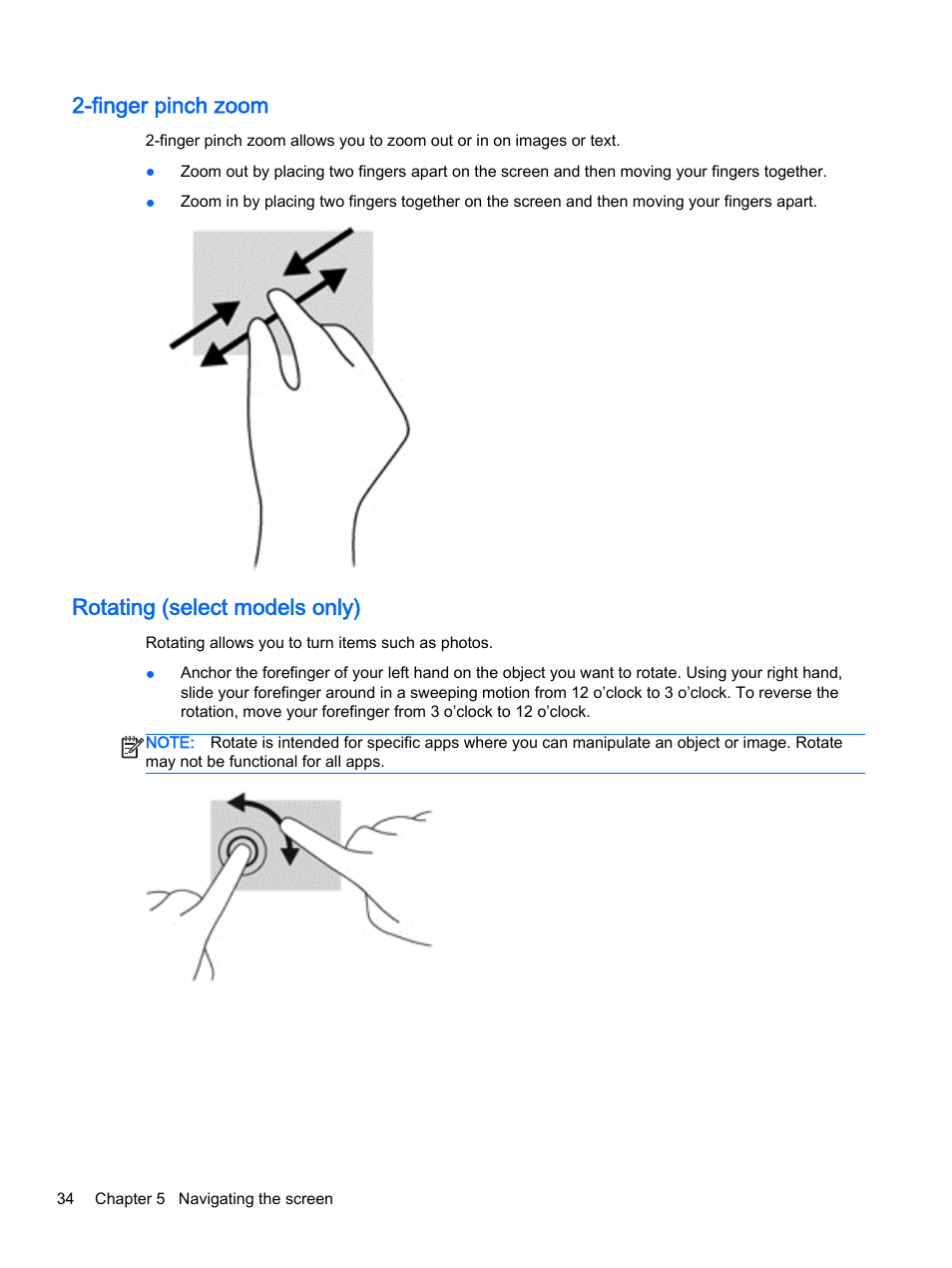 Finger pinch zoom, Rotating (select models only), Finger pinch zoom rotating (select models only) | HP Pavilion 17-e129nr TouchSmart Notebook PC User Manual | Page 44 / 81