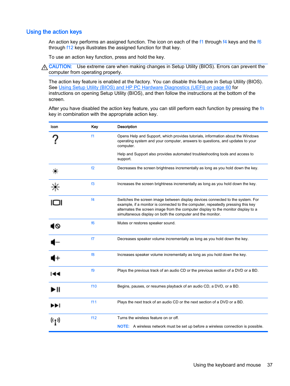 Using the action keys | HP Pavilion 17-e129nr TouchSmart Notebook PC User Manual | Page 47 / 81