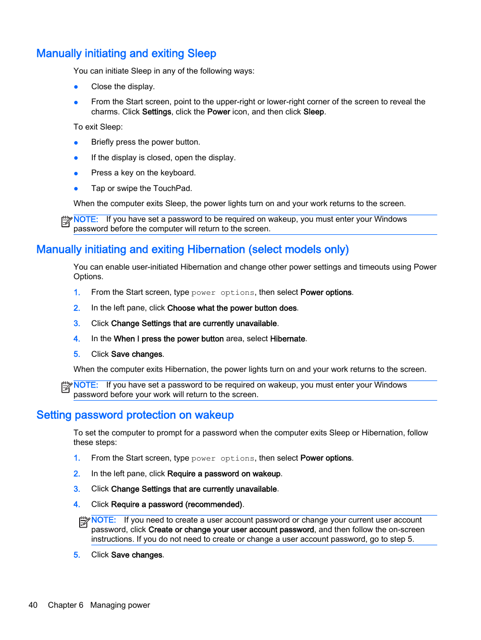 Manually initiating and exiting sleep, Setting password protection on wakeup, Manually | HP Pavilion 17-e129nr TouchSmart Notebook PC User Manual | Page 50 / 81