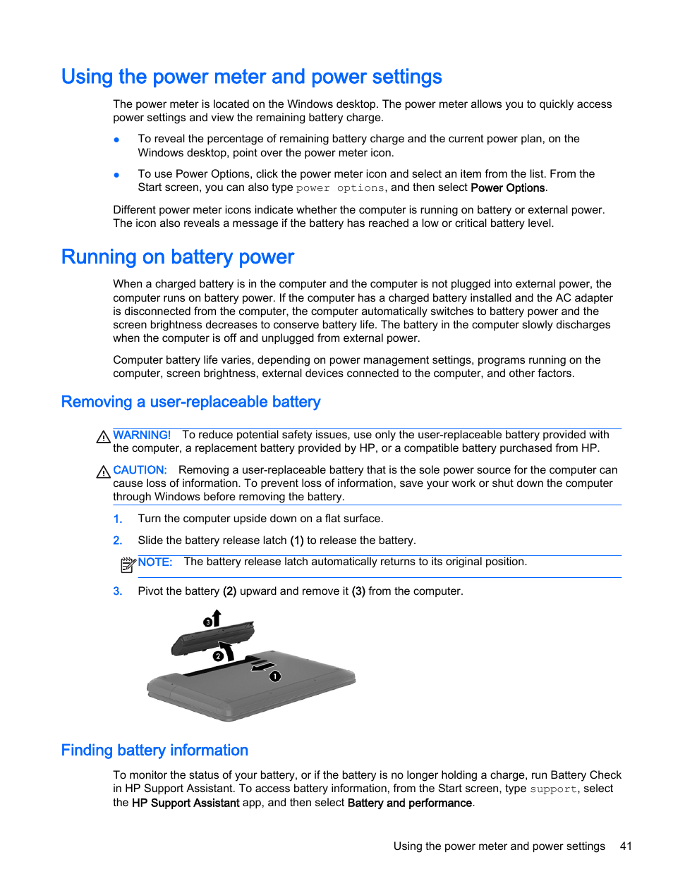 Using the power meter and power settings, Running on battery power, Removing a user-replaceable battery | Finding battery information | HP Pavilion 17-e129nr TouchSmart Notebook PC User Manual | Page 51 / 81