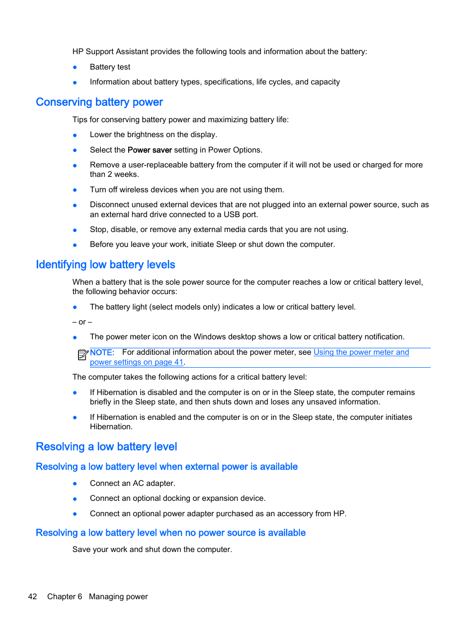 Conserving battery power, Identifying low battery levels, Resolving a low battery level | HP Pavilion 17-e129nr TouchSmart Notebook PC User Manual | Page 52 / 81