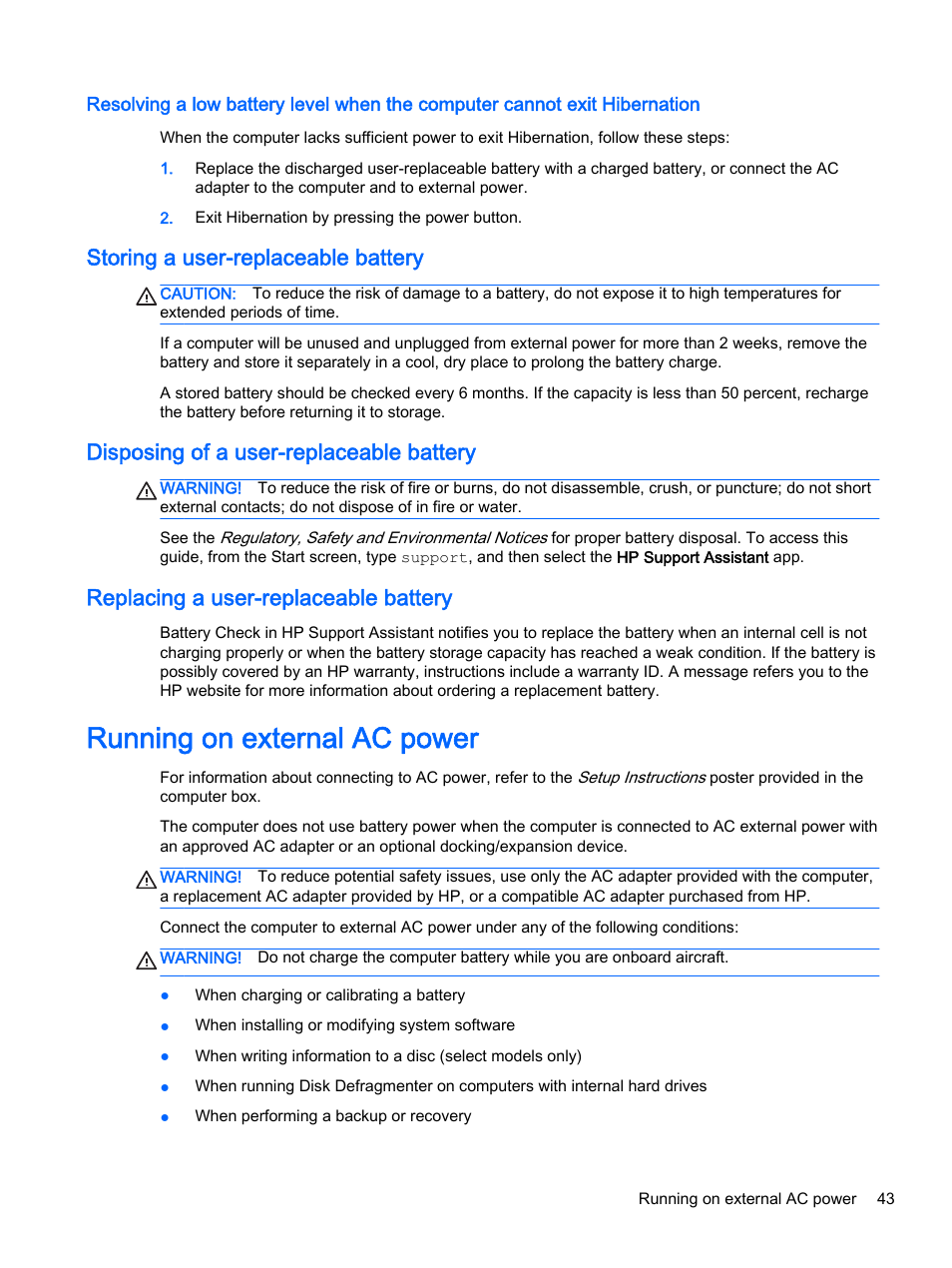 Storing a user-replaceable battery, Disposing of a user-replaceable battery, Replacing a user-replaceable battery | Running on external ac power | HP Pavilion 17-e129nr TouchSmart Notebook PC User Manual | Page 53 / 81