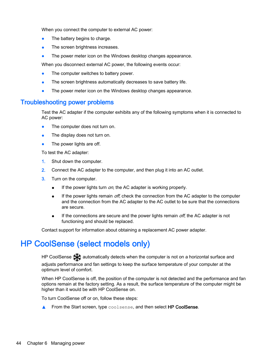 Troubleshooting power problems, Hp coolsense (select models only) | HP Pavilion 17-e129nr TouchSmart Notebook PC User Manual | Page 54 / 81