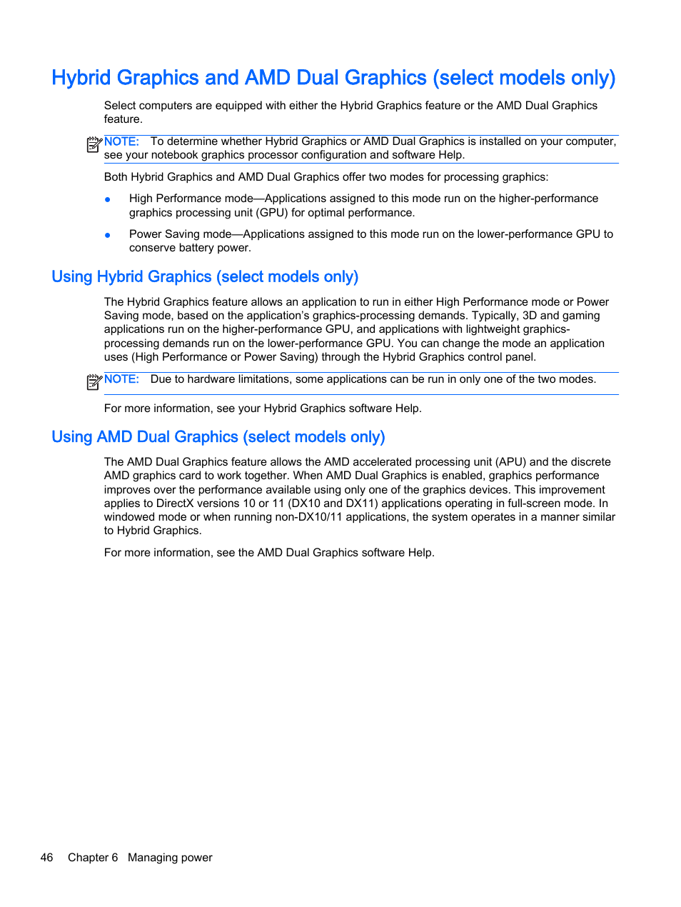 Using hybrid graphics (select models only), Using amd dual graphics (select models only) | HP Pavilion 17-e129nr TouchSmart Notebook PC User Manual | Page 56 / 81