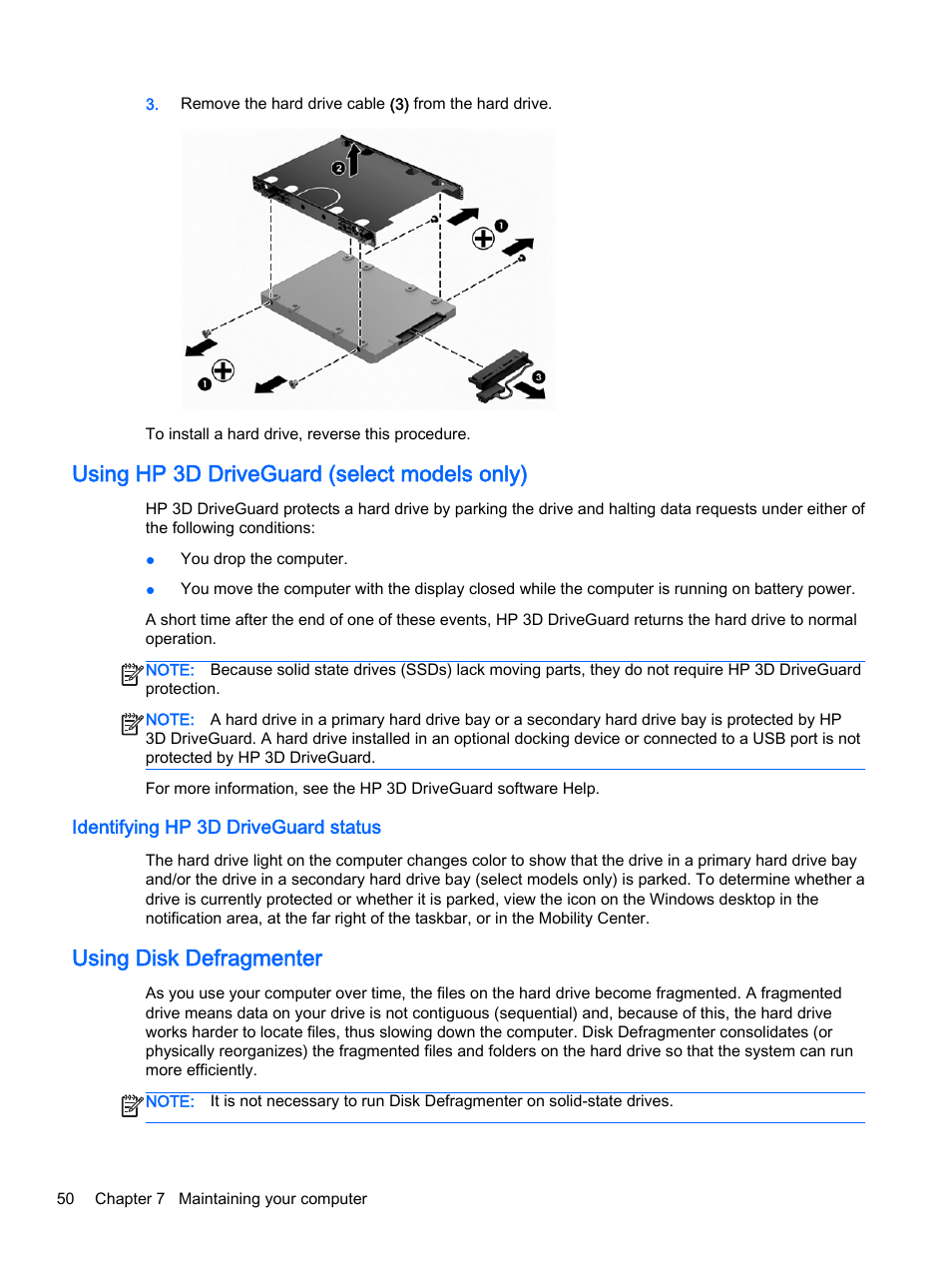 Using hp 3d driveguard (select models only), Identifying hp 3d driveguard status, Using disk defragmenter | HP Pavilion 17-e129nr TouchSmart Notebook PC User Manual | Page 60 / 81