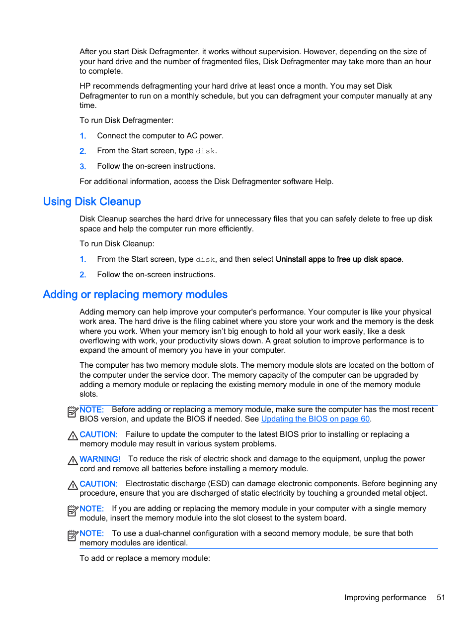 Using disk cleanup, Adding or replacing memory modules | HP Pavilion 17-e129nr TouchSmart Notebook PC User Manual | Page 61 / 81