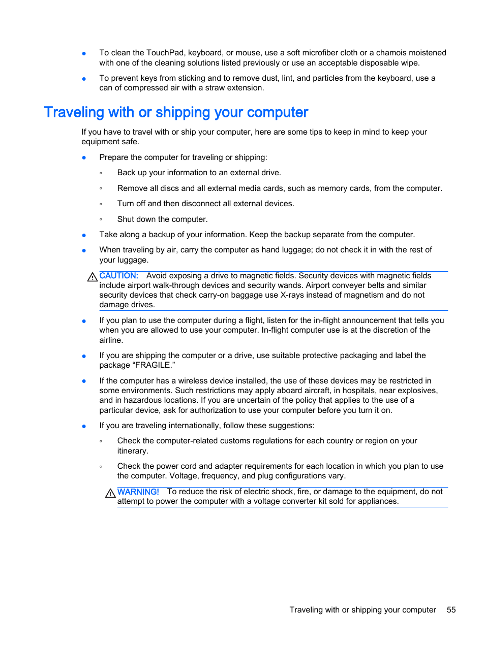 Traveling with or shipping your computer | HP Pavilion 17-e129nr TouchSmart Notebook PC User Manual | Page 65 / 81