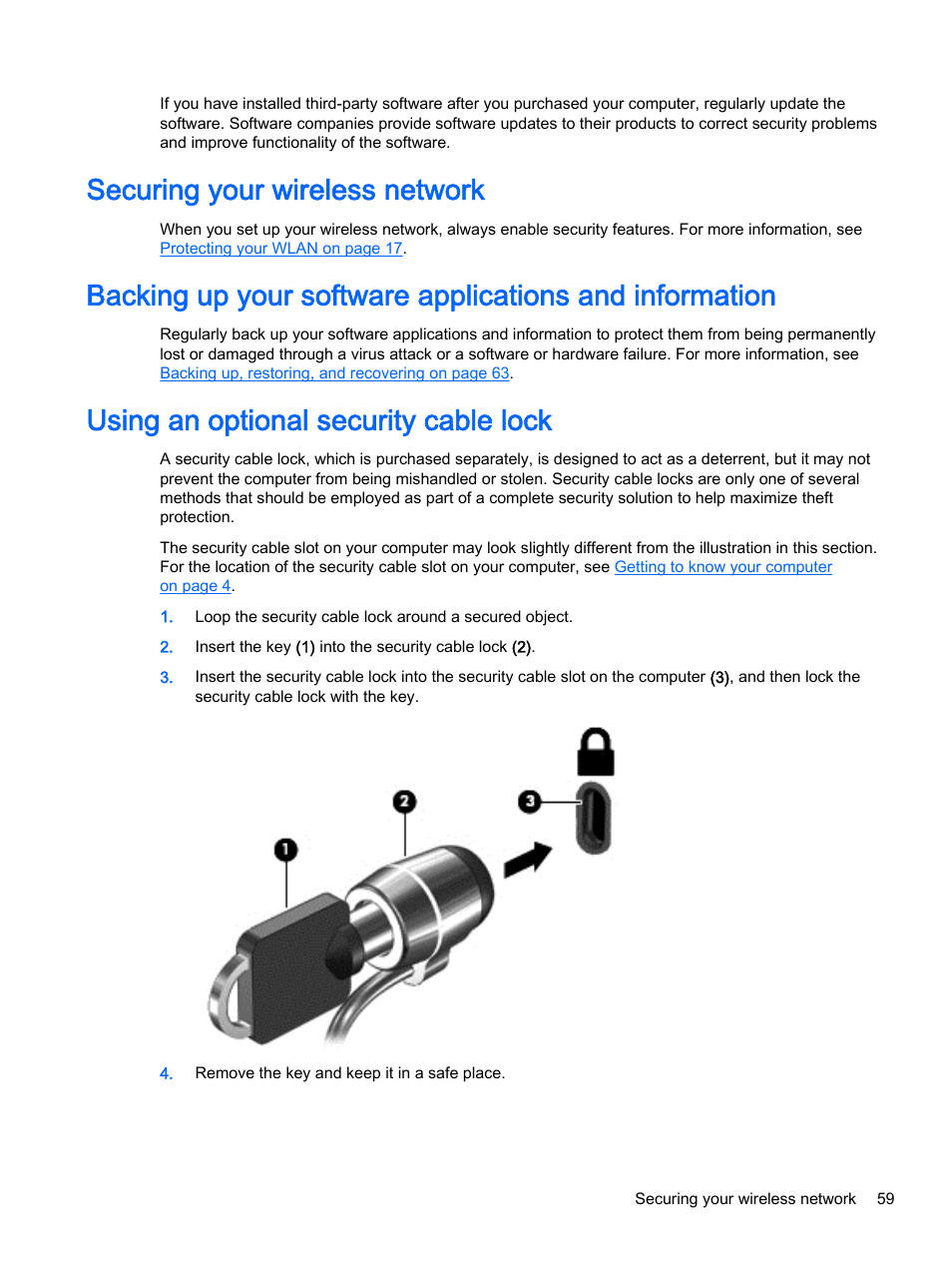 Securing your wireless network, Using an optional security cable lock | HP Pavilion 17-e129nr TouchSmart Notebook PC User Manual | Page 69 / 81