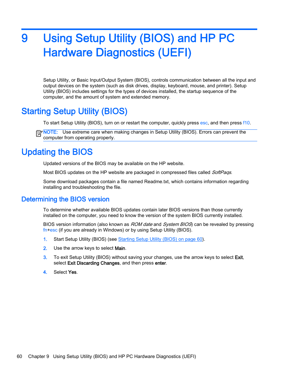 Starting setup utility (bios), Updating the bios, Determining the bios version | Starting setup utility (bios) updating the bios | HP Pavilion 17-e129nr TouchSmart Notebook PC User Manual | Page 70 / 81