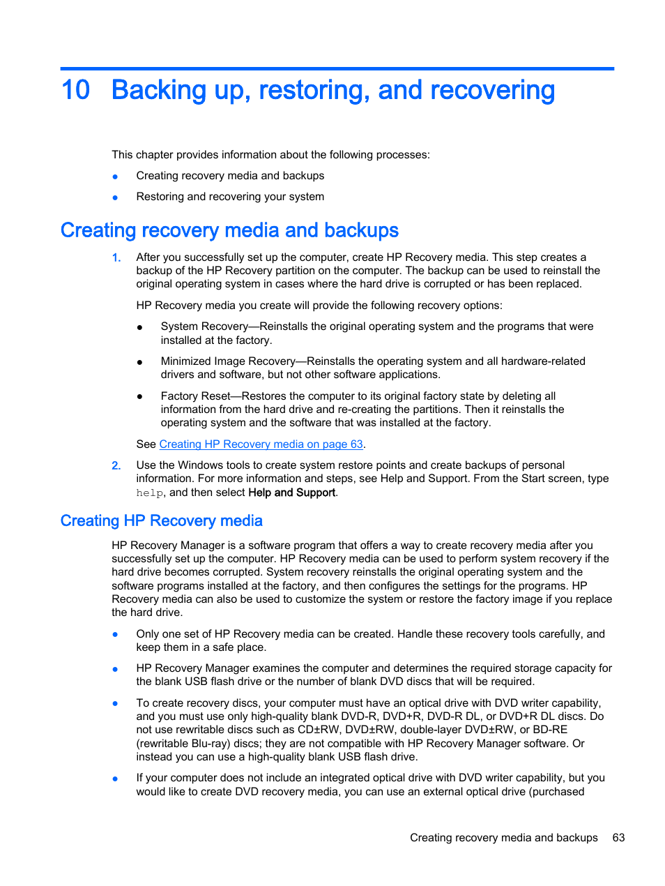 Backing up, restoring, and recovering, Creating recovery media and backups, Creating hp recovery media | 10 backing up, restoring, and recovering, Backing up | HP Pavilion 17-e129nr TouchSmart Notebook PC User Manual | Page 73 / 81