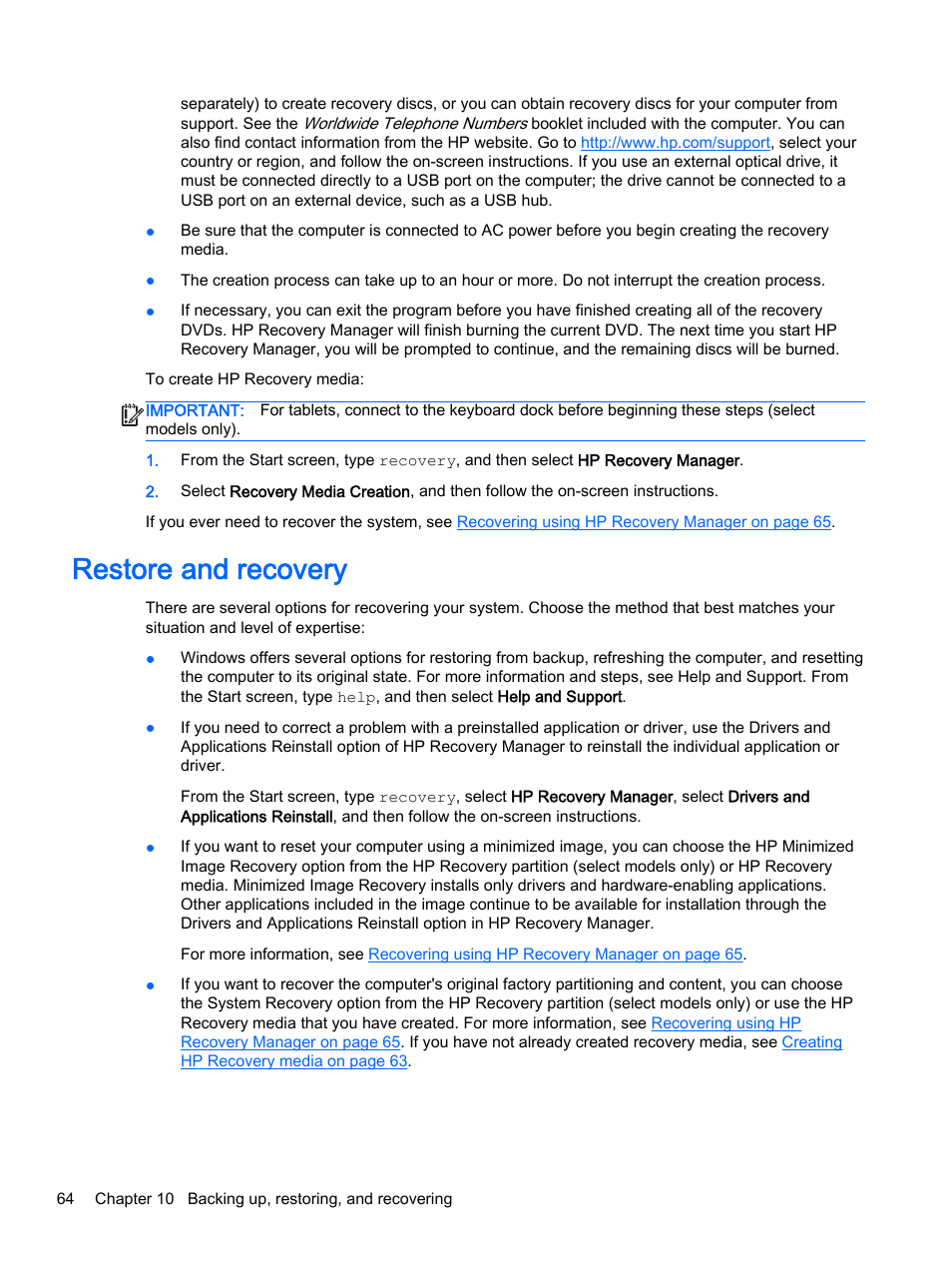 Restore and recovery | HP Pavilion 17-e129nr TouchSmart Notebook PC User Manual | Page 74 / 81