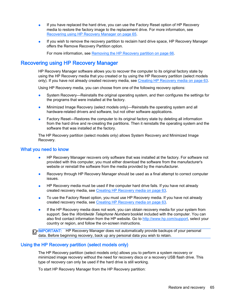 Recovering using hp recovery manager, What you need to know, Recovering using hp | HP Pavilion 17-e129nr TouchSmart Notebook PC User Manual | Page 75 / 81