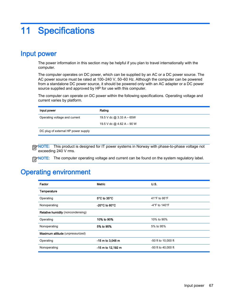 Specifications, Input power, Operating environment | 11 specifications, Input power operating environment | HP Pavilion 17-e129nr TouchSmart Notebook PC User Manual | Page 77 / 81