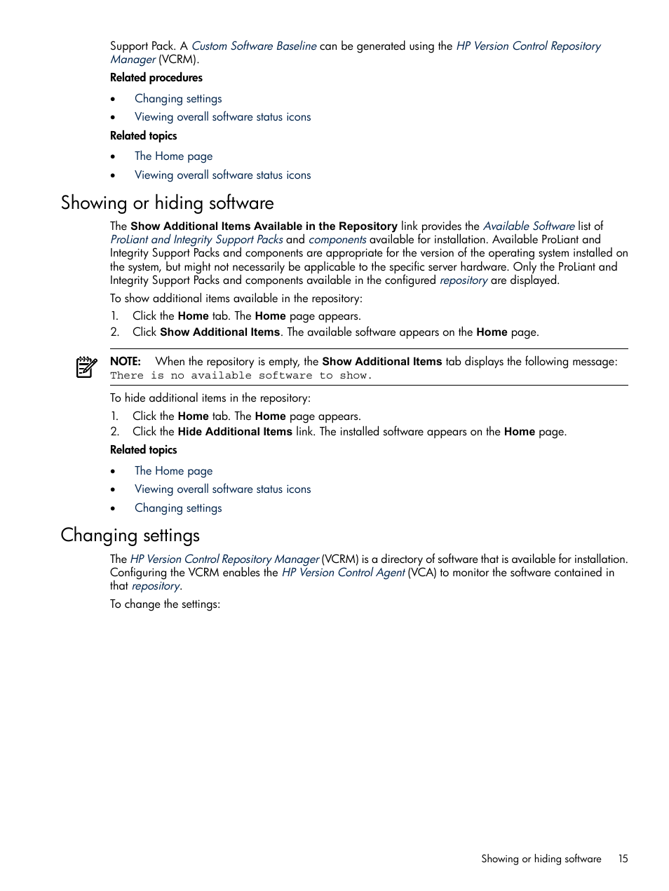 Showing or hiding software, Changing settings, Showing or hiding software changing settings | HP Insight Foundation Software for ProLiant User Manual | Page 15 / 35