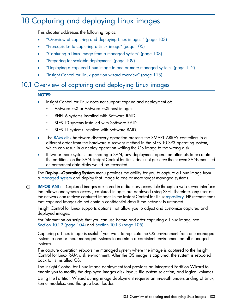 10 capturing and deploying linux images, 1 overview of capturing and deploying linux images | HP Insight Control Software for Linux User Manual | Page 103 / 272