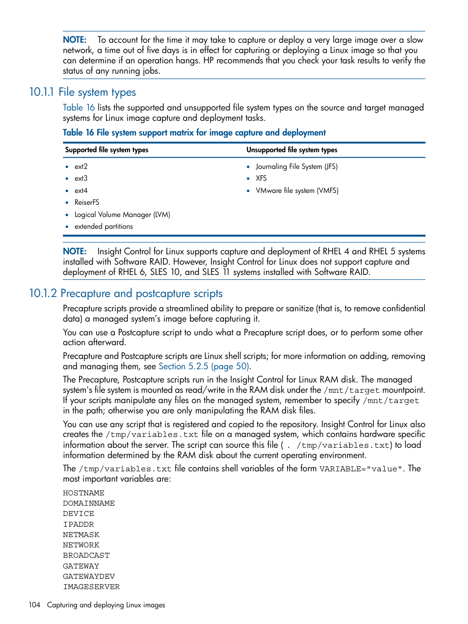 1 file system types, 2 precapture and postcapture scripts | HP Insight Control Software for Linux User Manual | Page 104 / 272