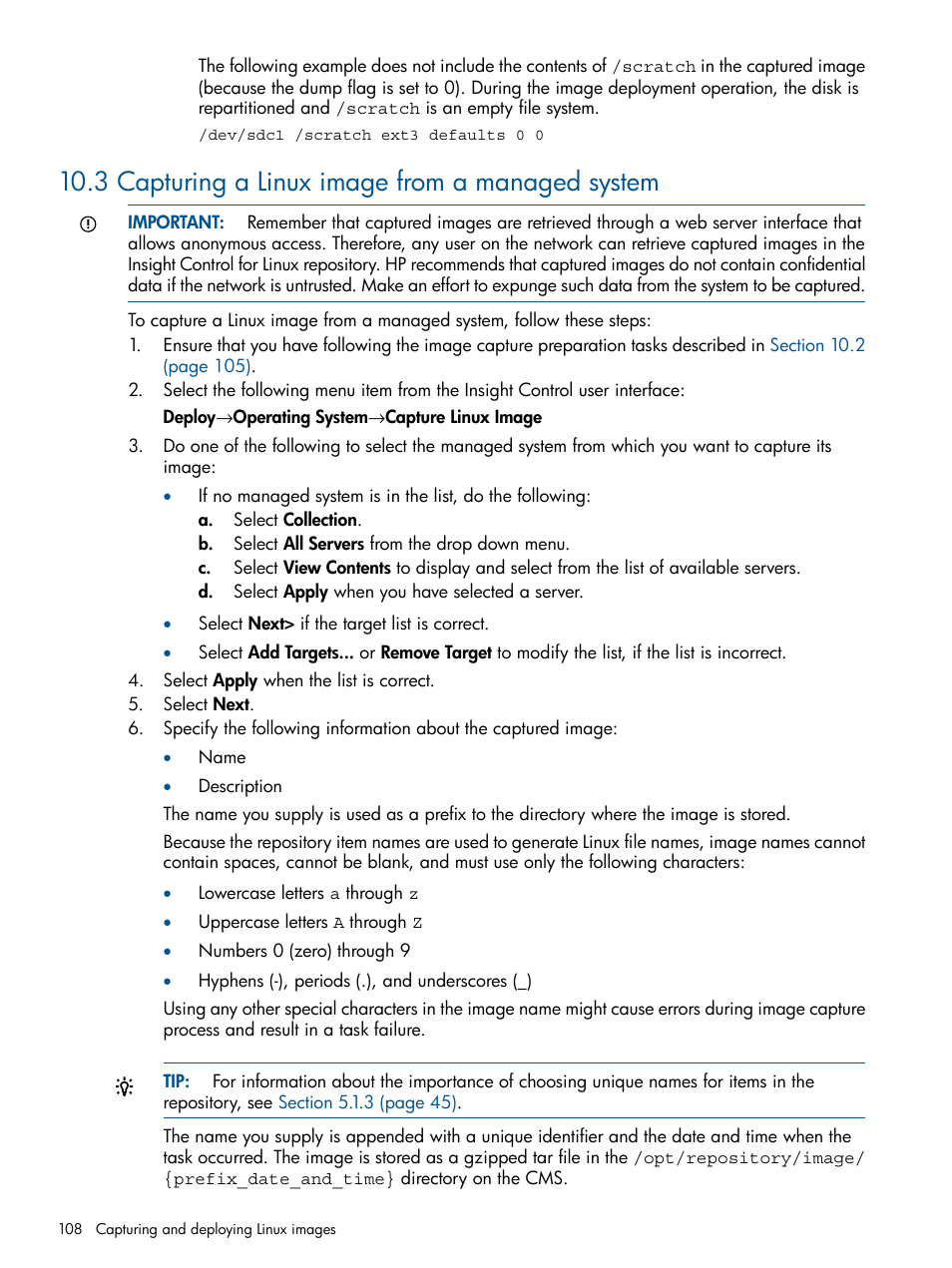 3 capturing a linux image from a managed system | HP Insight Control Software for Linux User Manual | Page 108 / 272