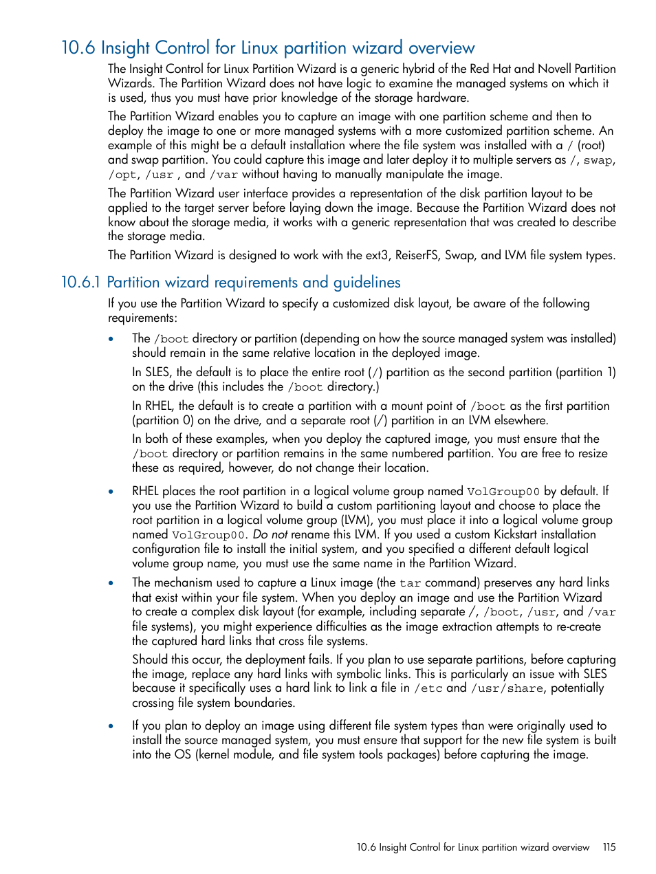 1 partition wizard requirements and guidelines | HP Insight Control Software for Linux User Manual | Page 115 / 272