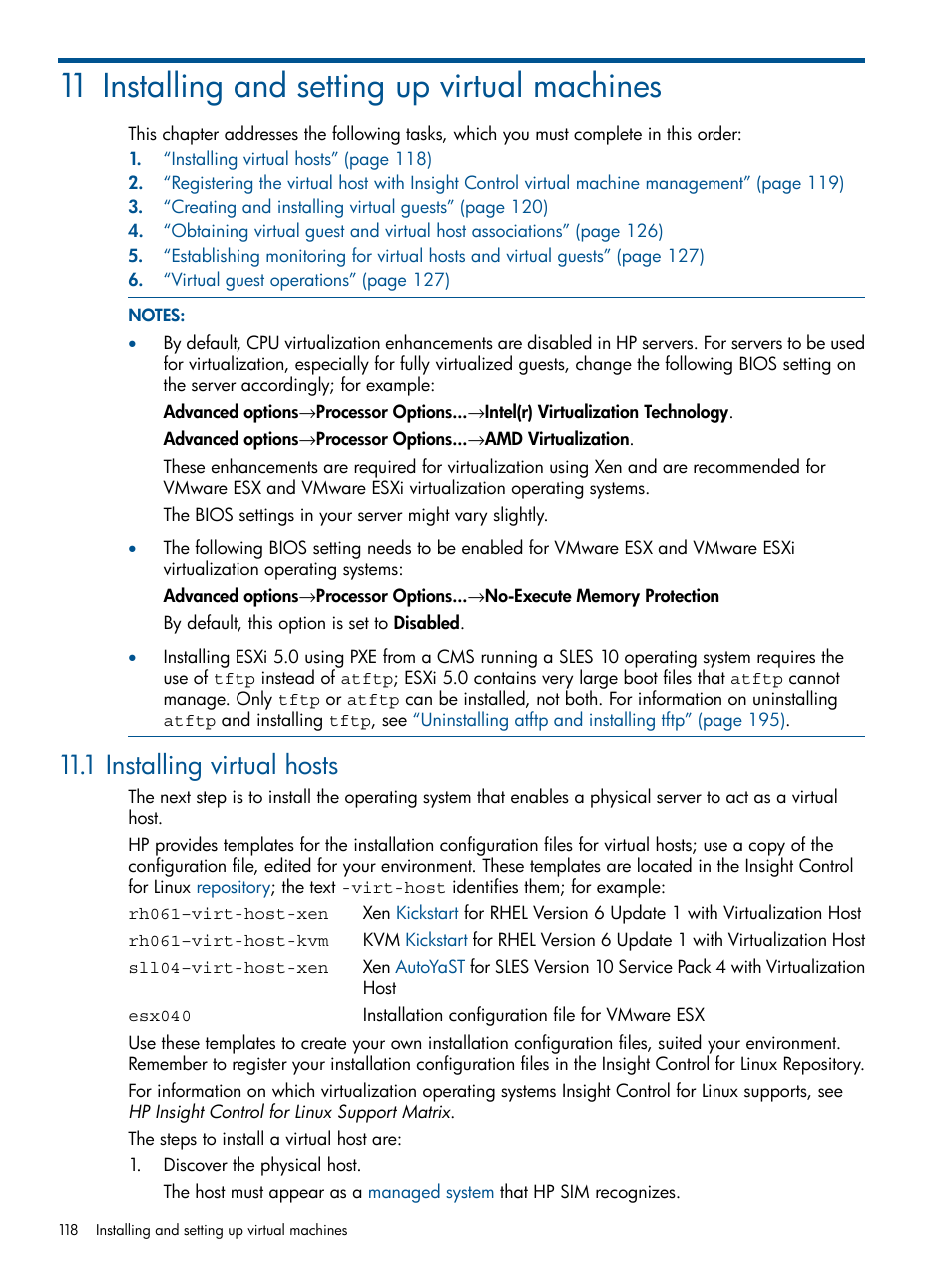 11 installing and setting up virtual machines, 1 installing virtual hosts | HP Insight Control Software for Linux User Manual | Page 118 / 272