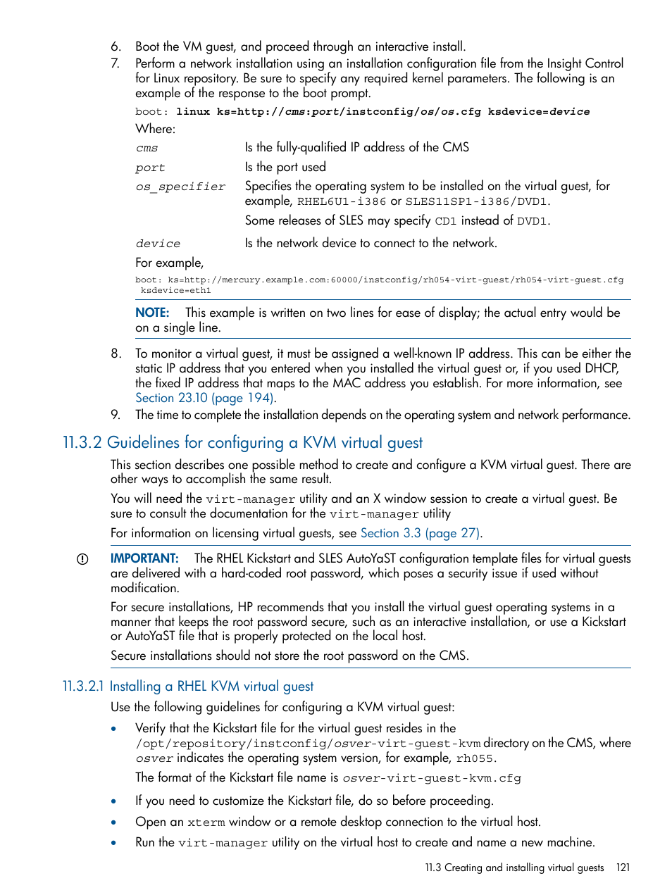 2 guidelines for configuring a kvm virtual guest, 1 installing a rhel kvm virtual guest | HP Insight Control Software for Linux User Manual | Page 121 / 272