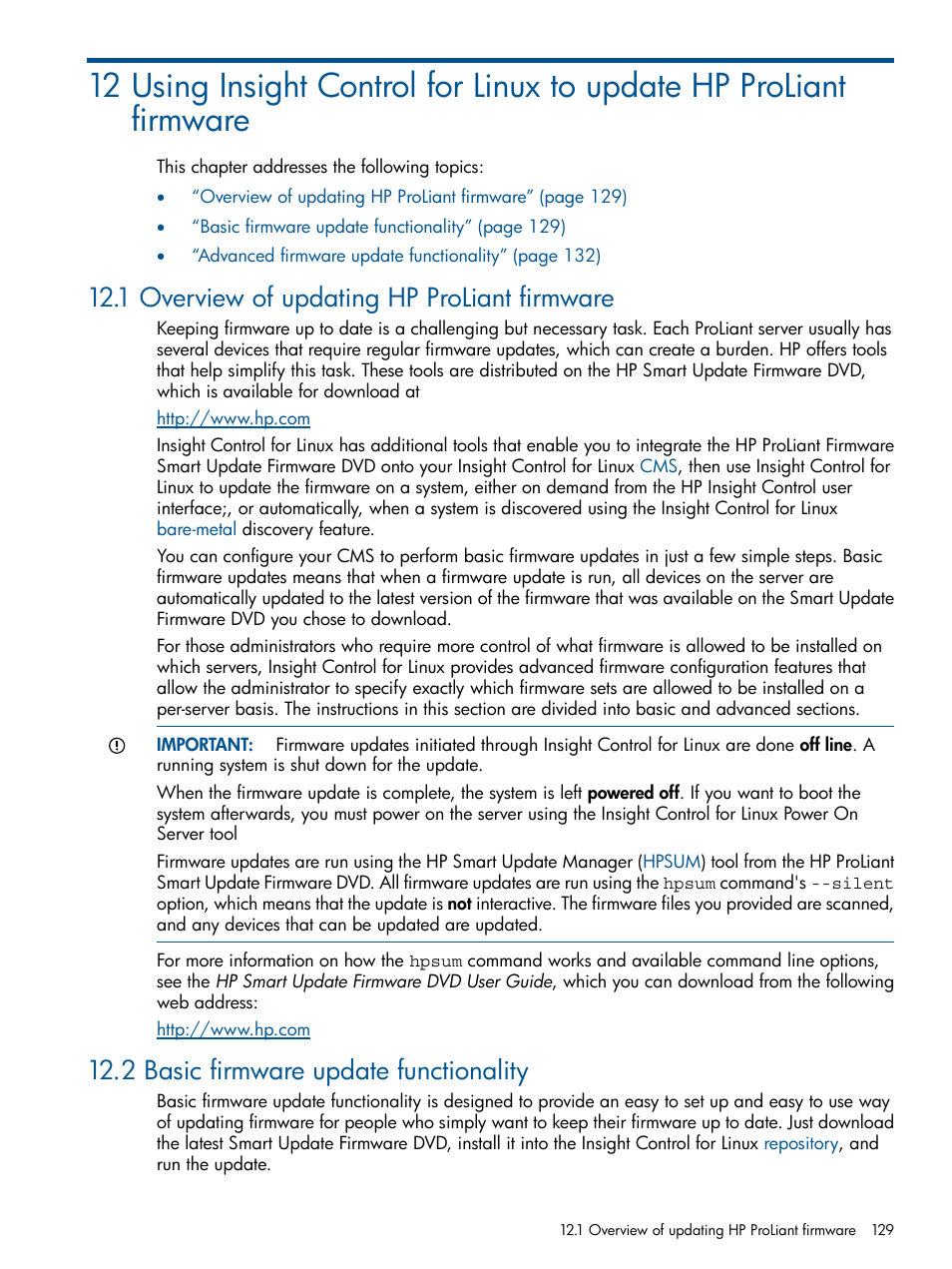 1 overview of updating hp proliant firmware, 2 basic firmware update functionality | HP Insight Control Software for Linux User Manual | Page 129 / 272