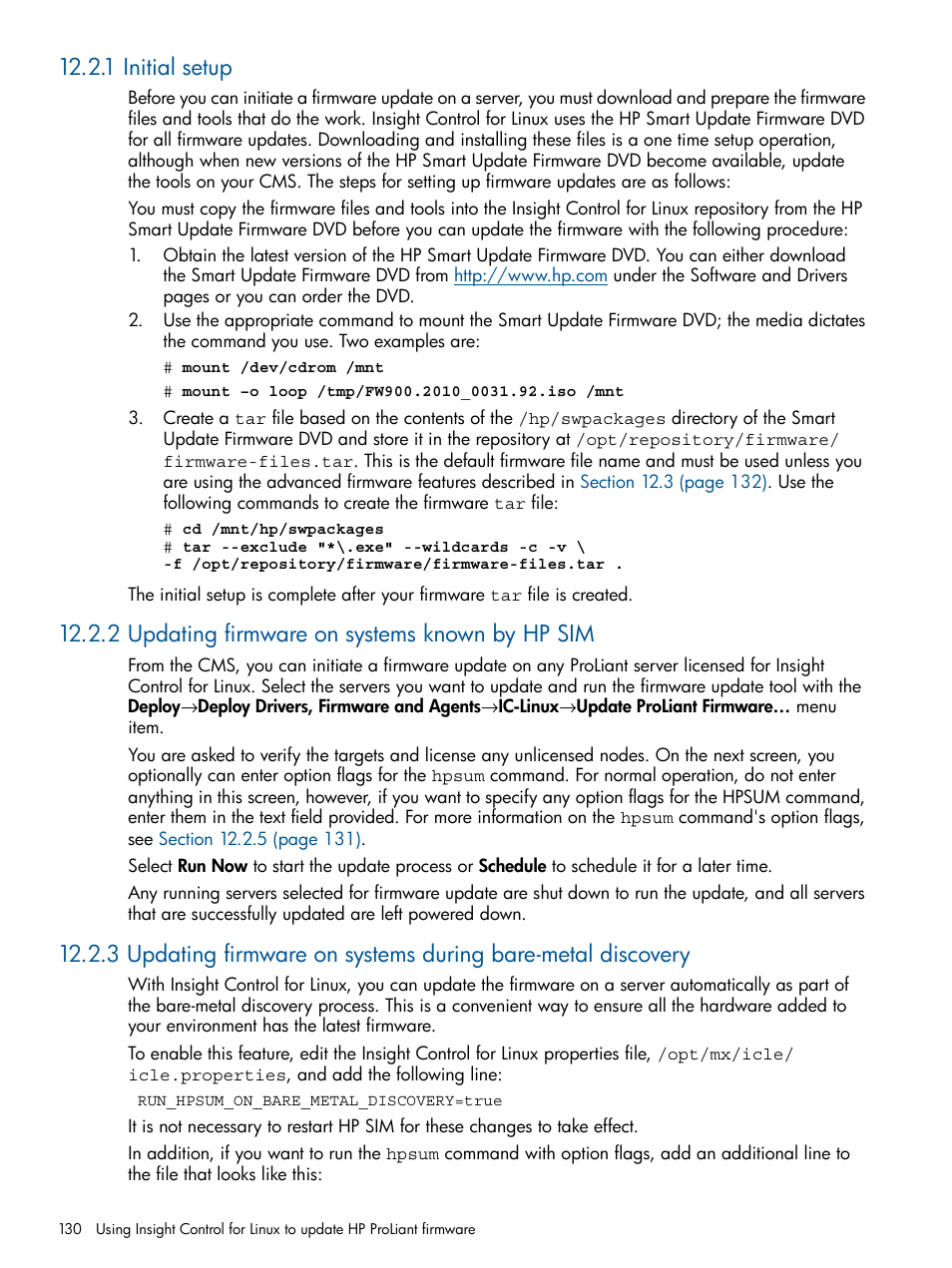 1 initial setup, 2 updating firmware on systems known by hp sim | HP Insight Control Software for Linux User Manual | Page 130 / 272