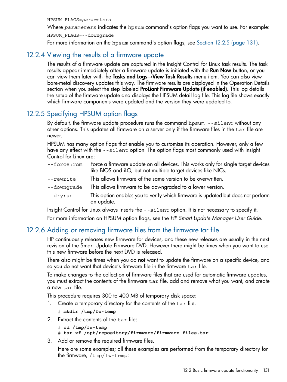 4 viewing the results of a firmware update, 5 specifying hpsum option flags | HP Insight Control Software for Linux User Manual | Page 131 / 272