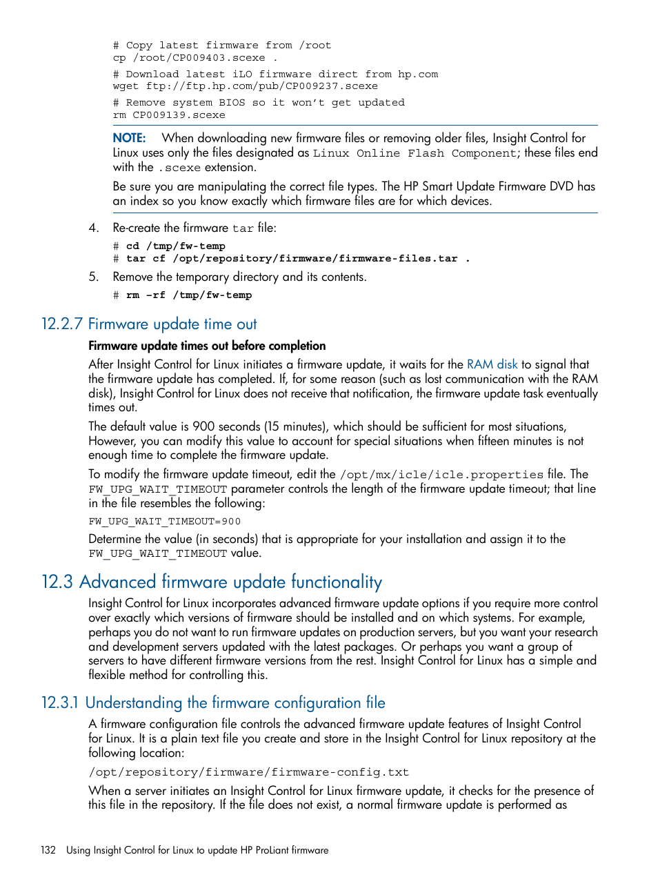 7 firmware update time out, 3 advanced firmware update functionality, 1 understanding the firmware configuration file | HP Insight Control Software for Linux User Manual | Page 132 / 272