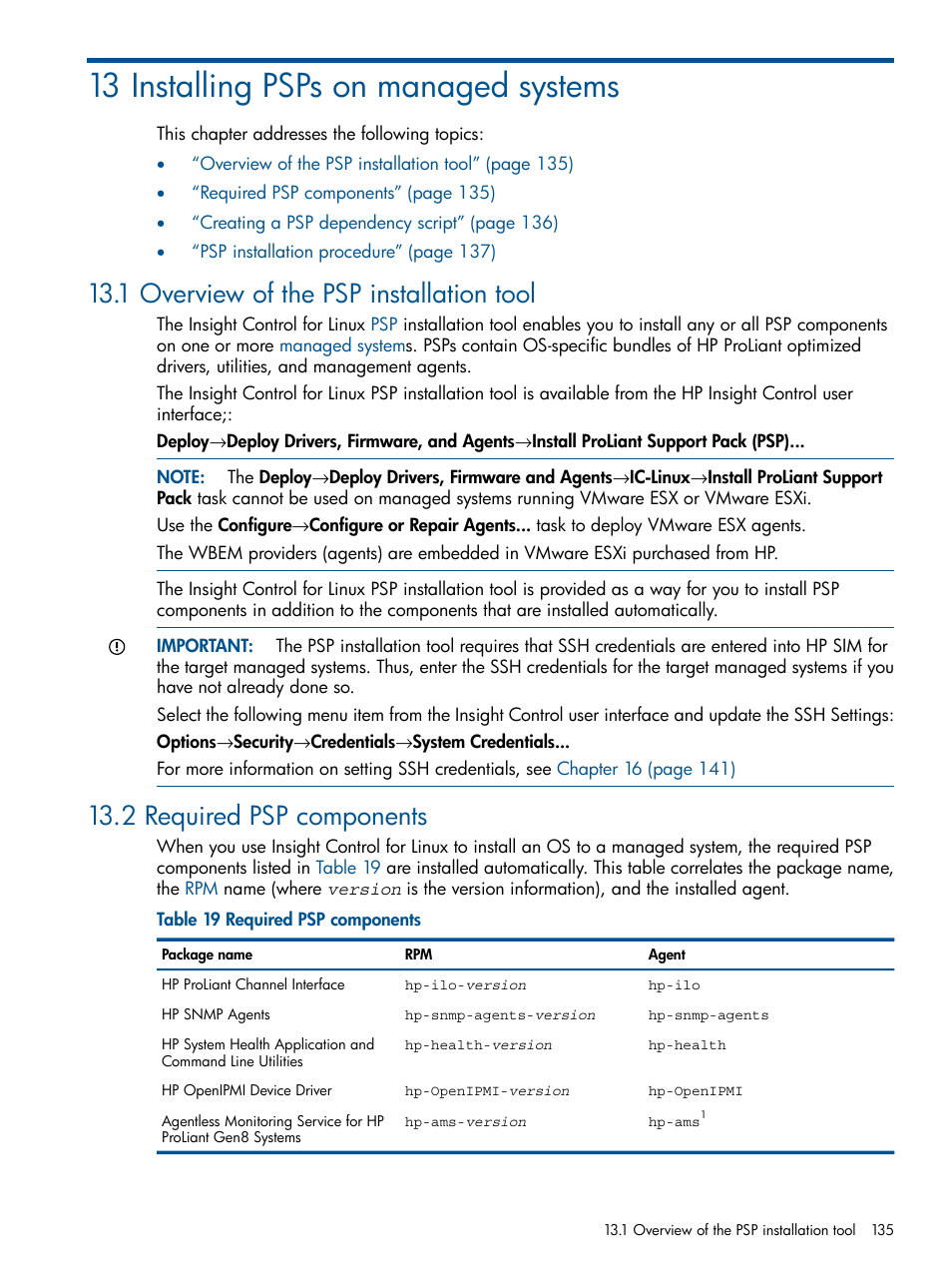 13 installing psps on managed systems, 1 overview of the psp installation tool, 2 required psp components | Table 19 | HP Insight Control Software for Linux User Manual | Page 135 / 272