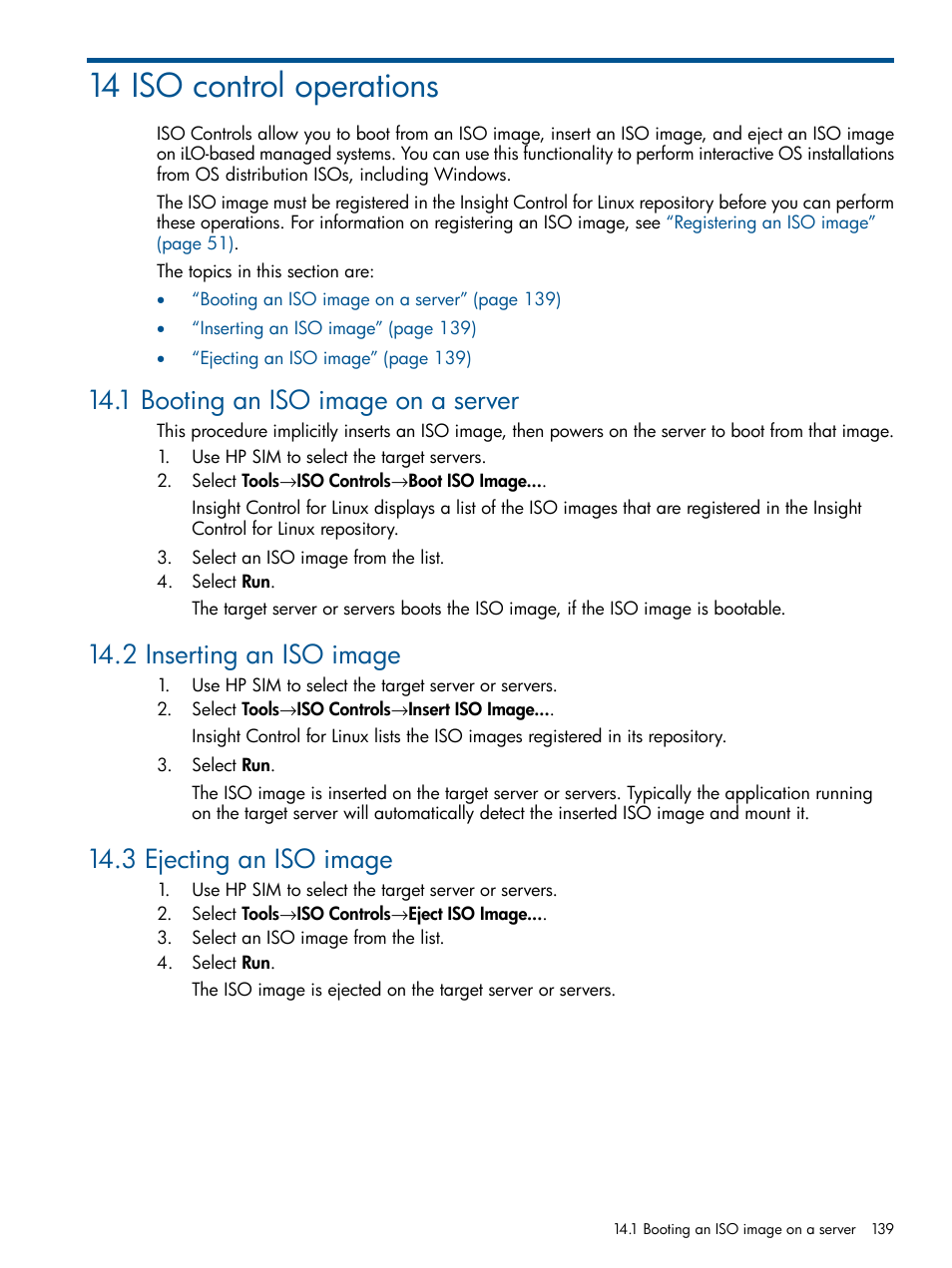 14 iso control operations, 1 booting an iso image on a server, 2 inserting an iso image | 3 ejecting an iso image, Section 14.1, Section 14.2, Section 14.3 | HP Insight Control Software for Linux User Manual | Page 139 / 272