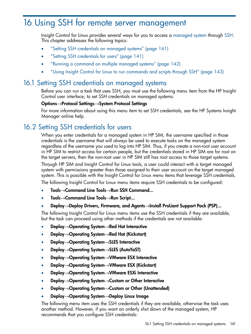 16 using ssh for remote server management, 1 setting ssh credentials on managed systems, 2 setting ssh credentials for users | HP Insight Control Software for Linux User Manual | Page 141 / 272