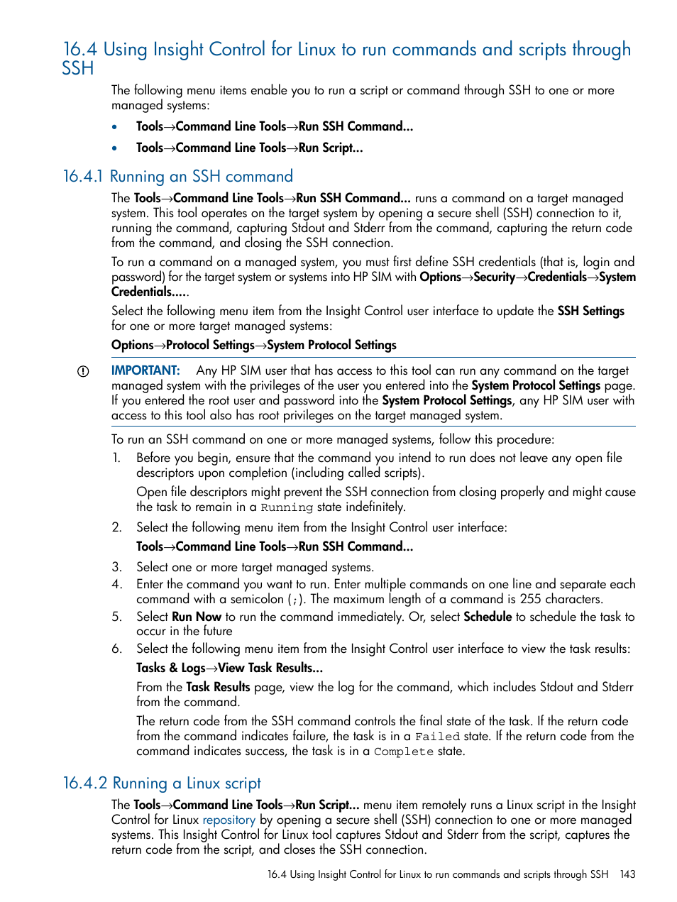 1 running an ssh command, 2 running a linux script | HP Insight Control Software for Linux User Manual | Page 143 / 272