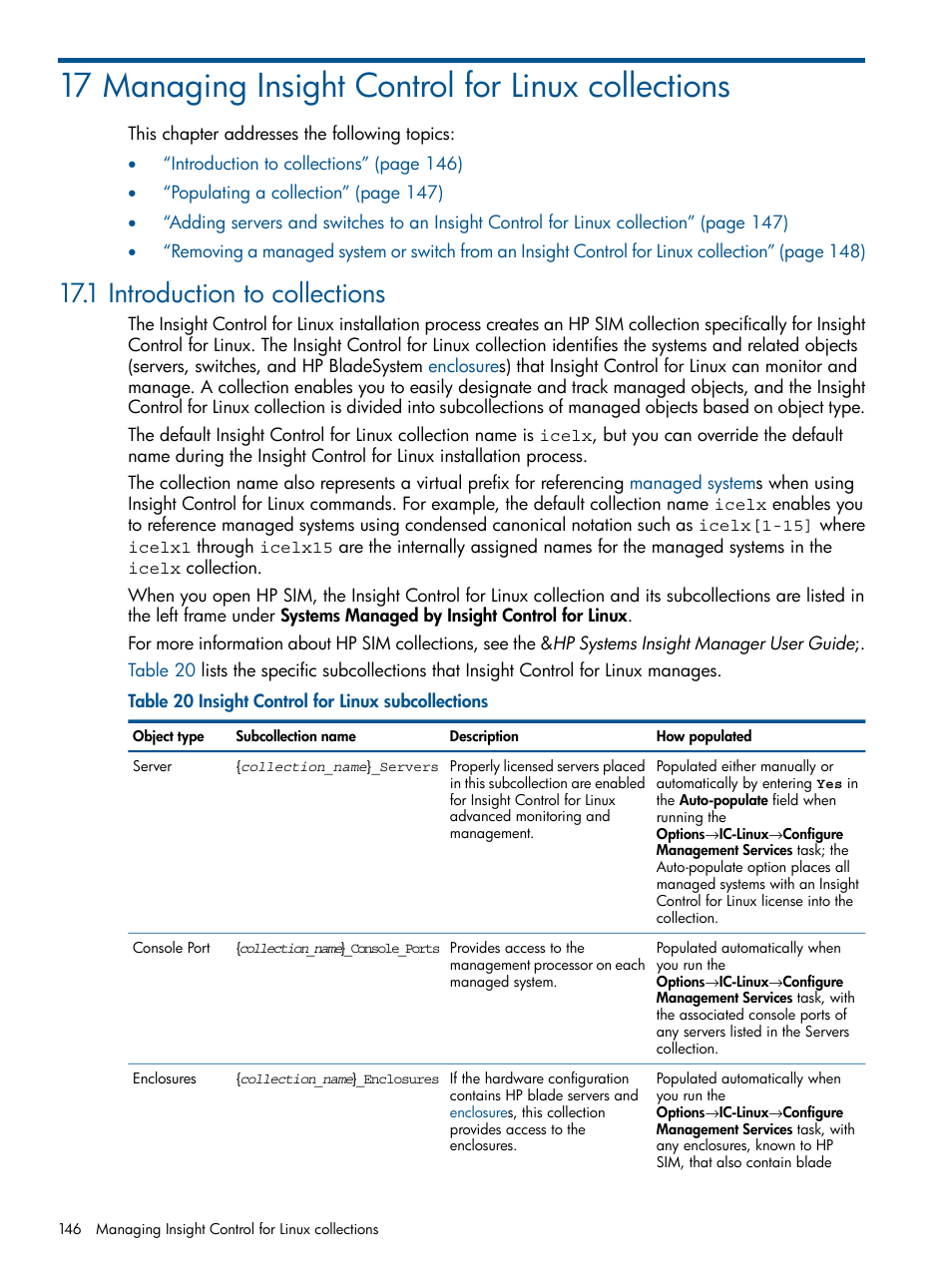 17 managing insight control for linux collections, 1 introduction to collections | HP Insight Control Software for Linux User Manual | Page 146 / 272