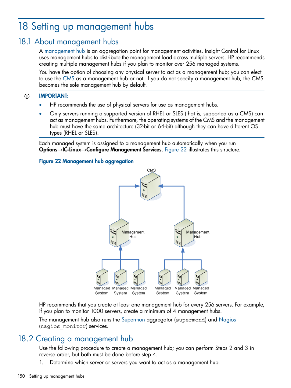 18 setting up management hubs, 1 about management hubs, 2 creating a management hub | Section 18.2 | HP Insight Control Software for Linux User Manual | Page 150 / 272