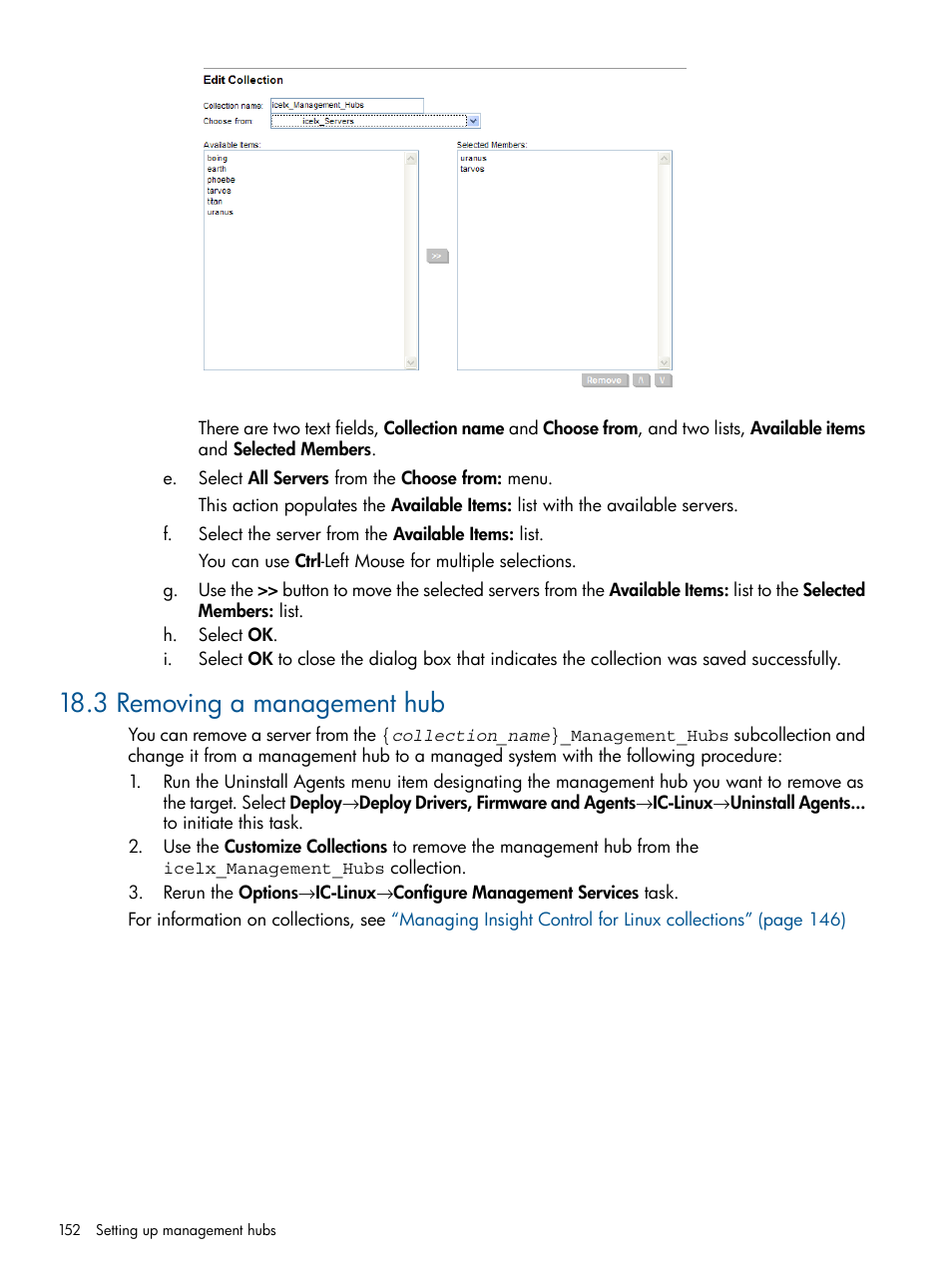 3 removing a management hub, Removing a management hub | HP Insight Control Software for Linux User Manual | Page 152 / 272