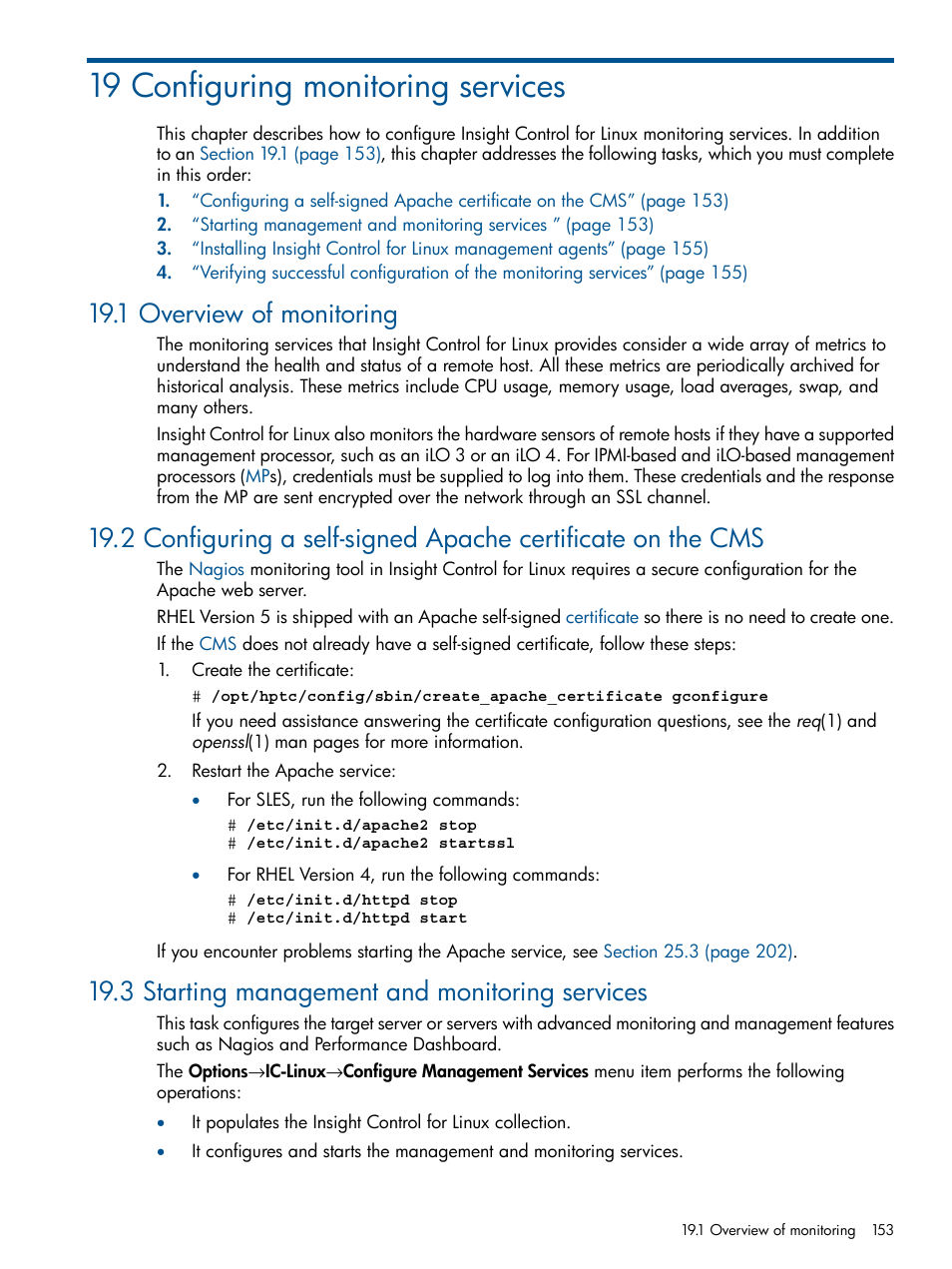 19 configuring monitoring services, 1 overview of monitoring, 3 starting management and monitoring services | Chapter 19 | HP Insight Control Software for Linux User Manual | Page 153 / 272